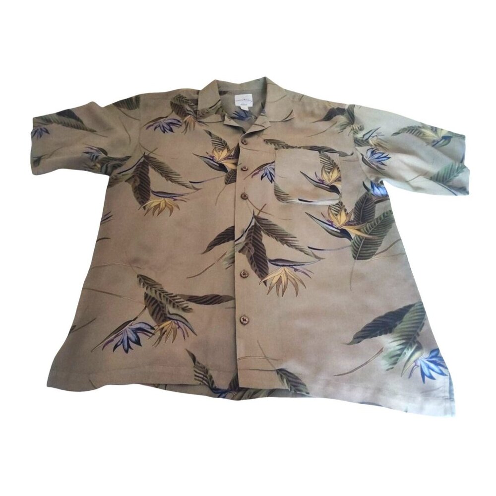 Tommy Bahama Relax Men's Medium Silk Hawaiian Shirt Bird Of Paradise Print Beige - Picture 3 of 10